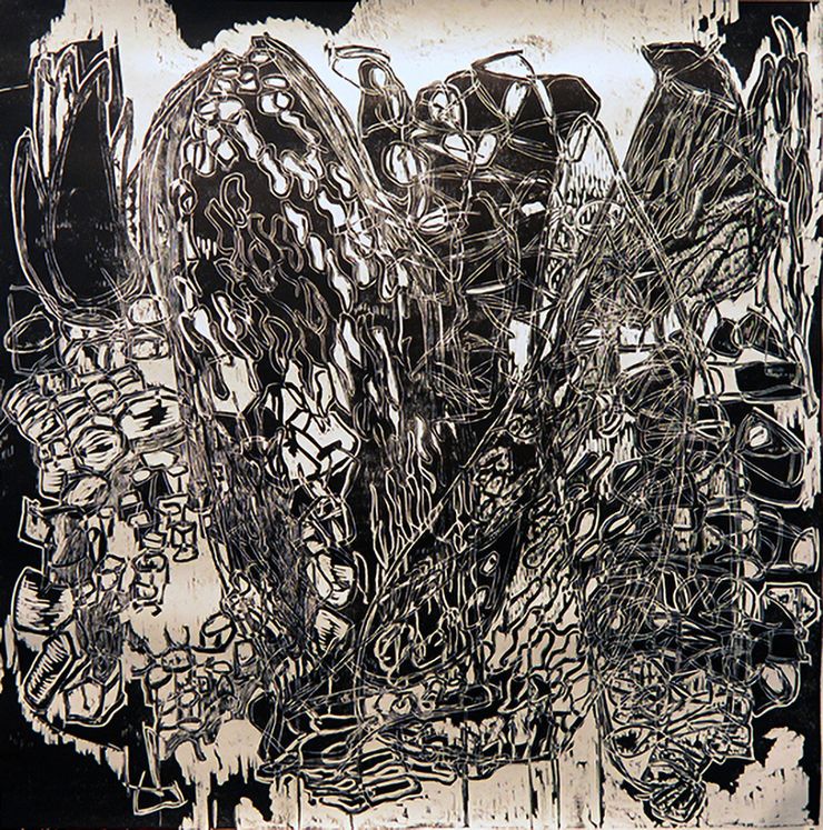 <b>Sphagnum Moss Microscopy II, 36x36”, 2022, Woodcut, Ink on Paper</b></br>My woodcut prints are inherently two-dimensional, yet the carved woodblocks used to create them have a sculptural, low-relief quality. With this print, I drew inspiration from the three-dimensional structures of <em>Sphagnum</em> moss cells observed under the microscope. By translating those forms into a flat image on paper, I playfully explored the dimensionality of the microscopic world. 